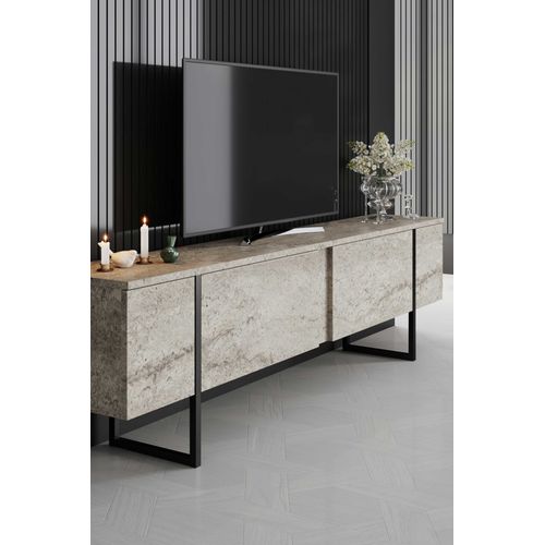 Luxe Meuble TV - 100 % Mélamine - Travertin, Noir