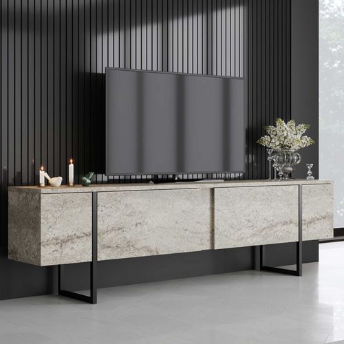 Luxe Meuble TV - 100 % Mélamine - Travertin, Noir