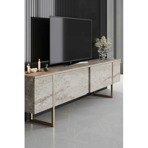 Luxe Meuble TV - 100 % Mélamine - Travertin, Or