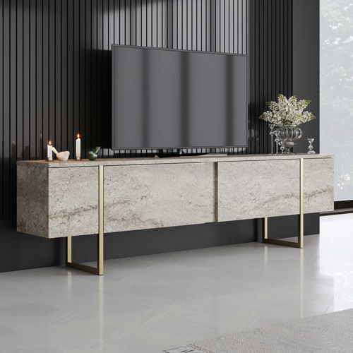 Luxe Meuble TV - 100 % Mélamine - Travertin, Or