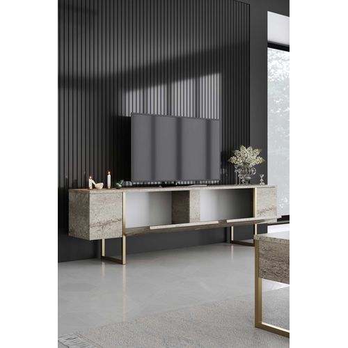 Luxe Meuble TV - 100 % Mélamine - Travertin, Or