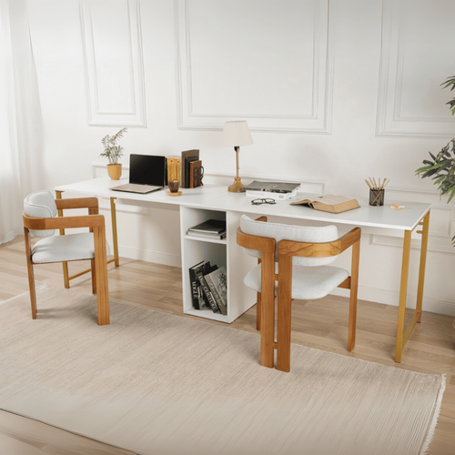 Bureau Double Moderne Hanvel L240cm Bois Blanc Et Métal Or