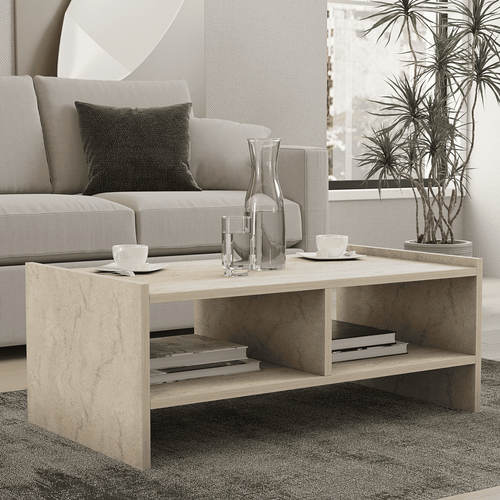 Table Basse 2 Niches Ouvertes Décor Travertin L90 Cm