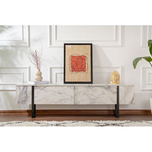 Meuble TV Moderne 2 Portes Basculantes Domenica L180cm Effet Marbre Et Noir