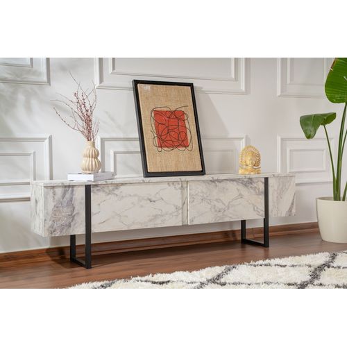 Meuble TV Moderne 2 Portes Basculantes Domenica L180cm Effet Marbre Et Noir