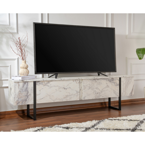 Meuble TV Moderne 2 Portes Basculantes Domenica L180cm Effet Marbre Et Noir