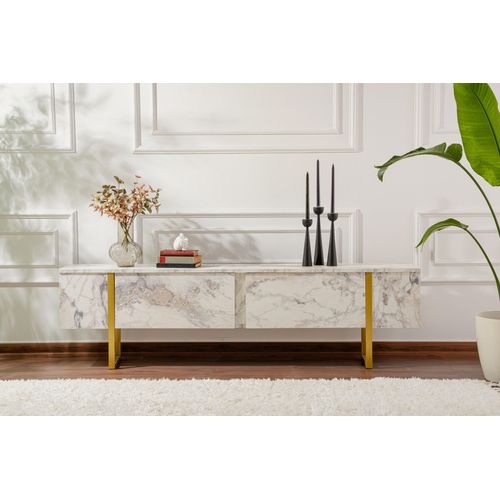 Meuble TV Moderne 2 Portes Basculantes Domenica L180cm Effet Marbre Et Or