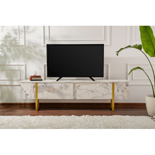 Meuble TV Moderne 2 Portes Basculantes Domenica L180cm Effet Marbre Et Or