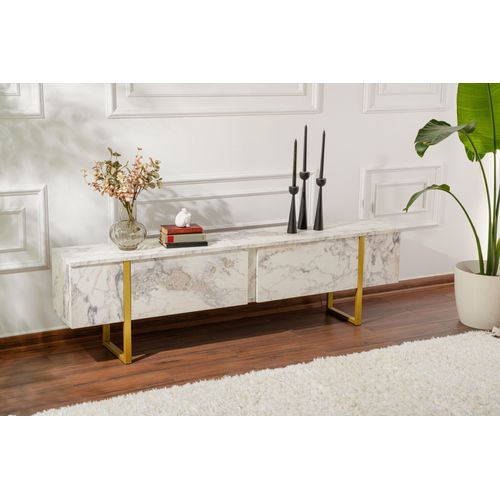 Meuble TV Moderne 2 Portes Basculantes Domenica L180cm Effet Marbre Et Or