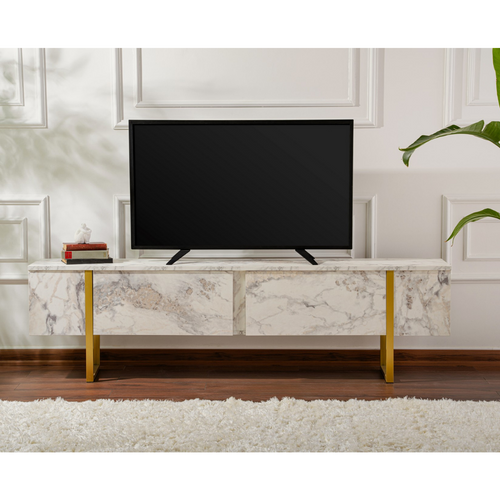 Meuble TV Moderne 2 Portes Basculantes Domenica L180cm Effet Marbre Et Or