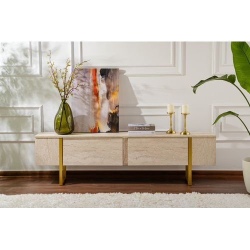 Meuble TV Moderne 2 Portes Basculantes Domenica L180cm Effet Travertin Et Or