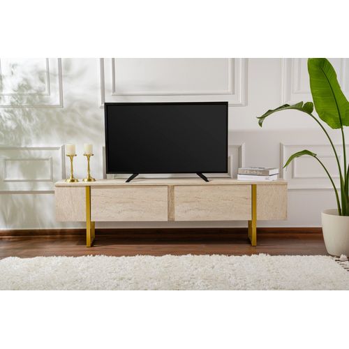 Meuble TV Moderne 2 Portes Basculantes Domenica L180cm Effet Travertin Et Or