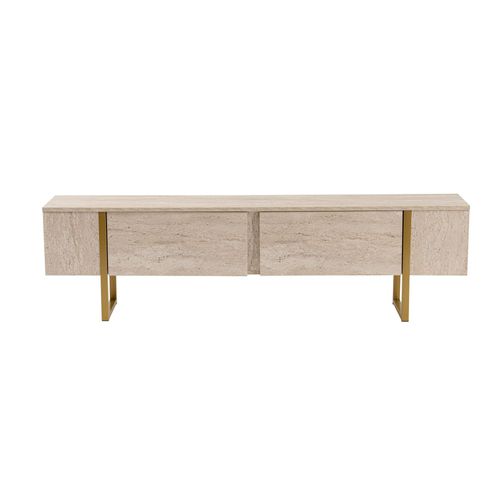 Meuble TV Moderne 2 Portes Basculantes Domenica L180cm Effet Travertin Et Or