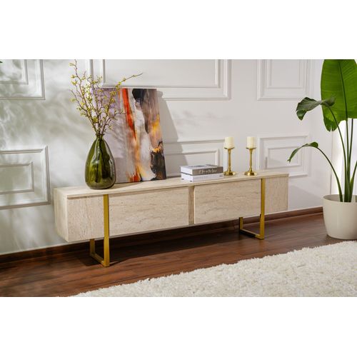 Meuble TV Moderne 2 Portes Basculantes Domenica L180cm Effet Travertin Et Or