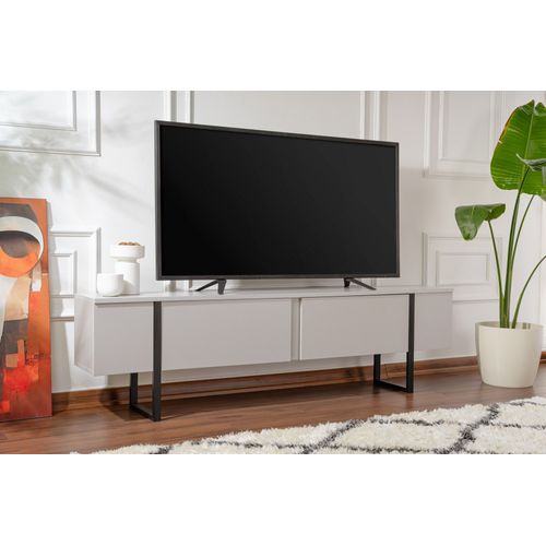 Meuble TV Moderne 2 Portes Basculantes Domenica L180cm Gris Et Noir