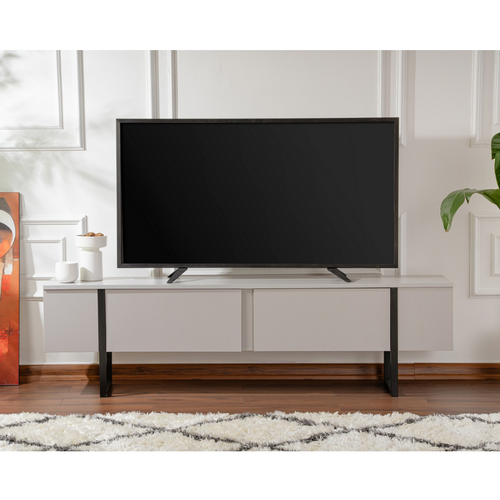 Meuble TV Moderne 2 Portes Basculantes Domenica L180cm Gris Et Noir