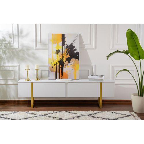 Meuble TV Moderne 2 Portes Basculantes Domenica L180cm Blanc Et Doré