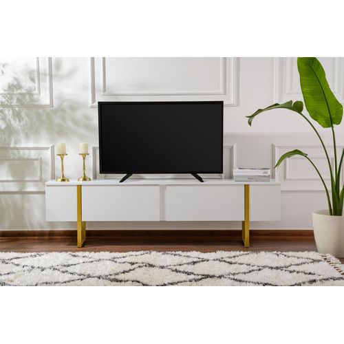 Meuble TV Moderne 2 Portes Basculantes Domenica L180cm Blanc Et Doré