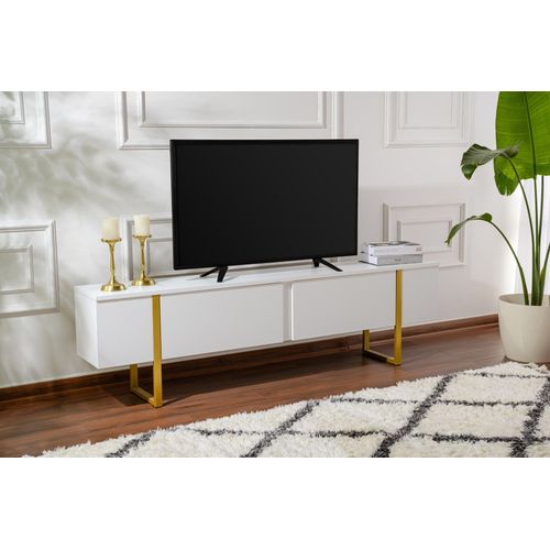 Meuble TV Moderne 2 Portes Basculantes Domenica L180cm Blanc Et Doré