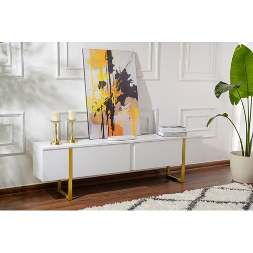 Meuble TV Moderne 2 Portes Basculantes Domenica L180cm Blanc Et Doré