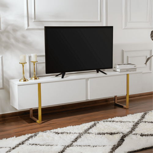 Meuble TV Moderne 2 Portes Basculantes Domenica L180cm Blanc Et Doré