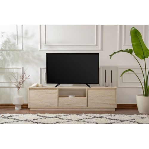 Meuble TV Moderne 3 Portes Basculantes Diazon L160cm Effet Travertin