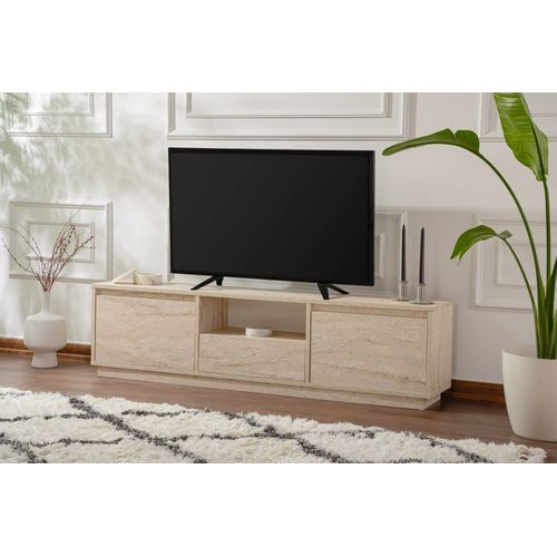Meuble TV Moderne 3 Portes Basculantes Diazon L160cm Effet Travertin