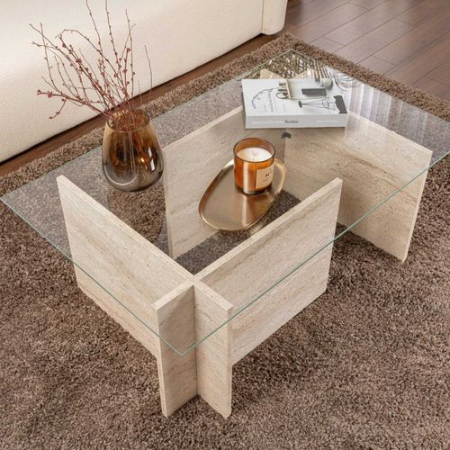 Table Basse En Verre Et Aggloméré Vetrino Travertine