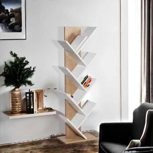 Bibliothèque En Bois "tuval 066" - 46 X 22 X 129 Cm - Chêne, Blanc