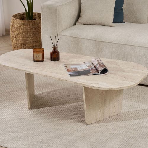Table Basse Ovale Effet Travertin 130x65cm