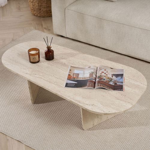 Table Basse Ovale Effet Travertin 130x65cm