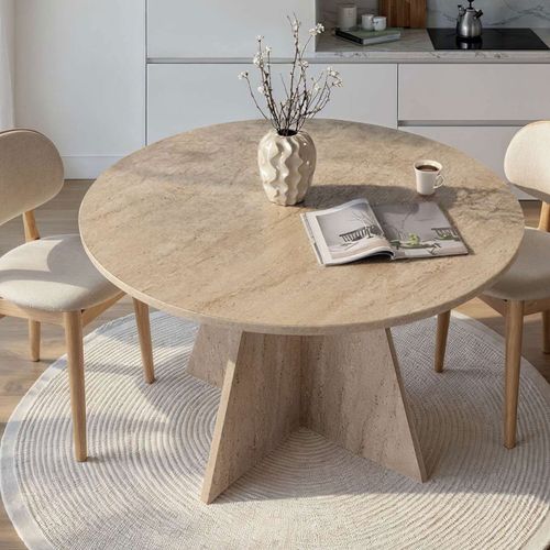 Table à Manger 4 Personnes Ronde Effet Travertin