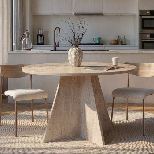 Table à Manger 4 Personnes Ronde Effet Travertin