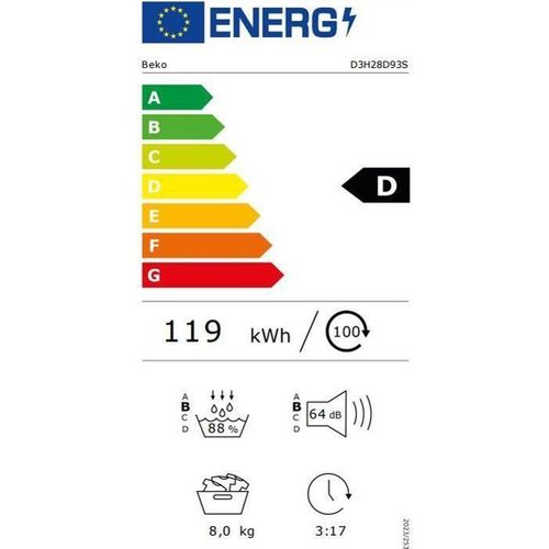Seche-linge Pompe à Chaleur  D3h28d93s B300 Eco Sense - 8 Kg - L60cm - Classe D - Blanc