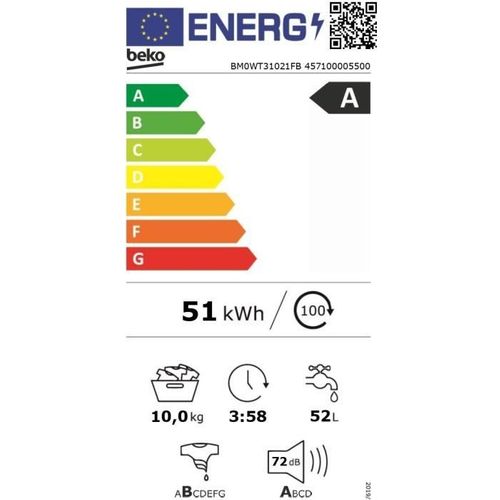 Lave-linge Hublot  Bm0wt31021fb - 10 Kg - 1200 Trs/min - Classe à - Noir