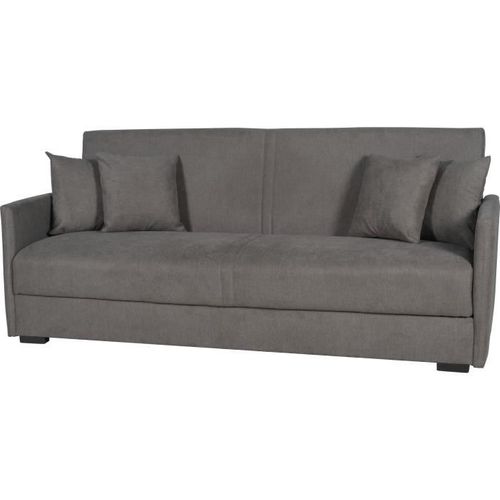 Canapé Convertible 3 Places - Bianca - Tissu Taupe - 4 Coussins - Coffre - 204x92x91 Cm