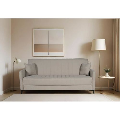 Canapé Convertible - 3 Places - Enzo - Tissu Beige - 2 Coussins - 211 X 92 X 98 Cm