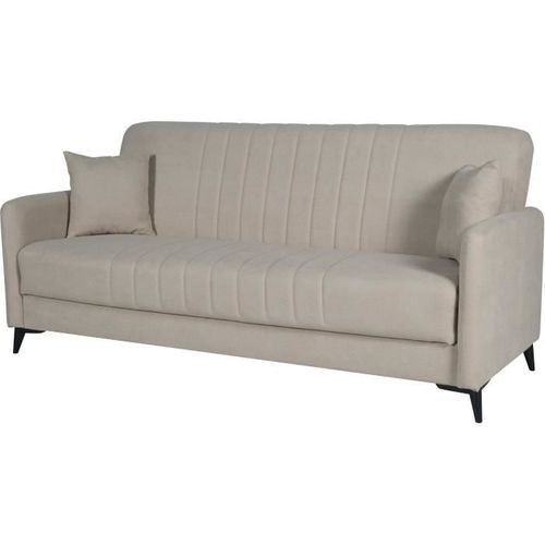 Canapé Convertible - 3 Places - Enzo - Tissu Beige - 2 Coussins - 211 X 92 X 98 Cm