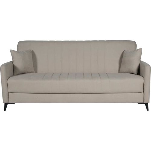 Canapé Convertible - 3 Places - Enzo - Tissu Beige - 2 Coussins - 211 X 92 X 98 Cm