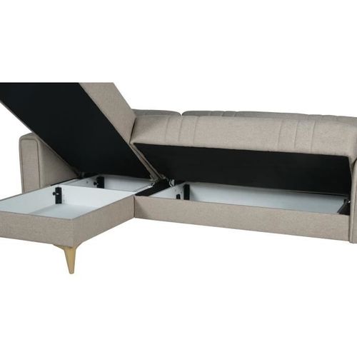 Canapé D'angle Convertible Réversible 3 / 4 Personnes Omega Tissu Beige - Coffre - 225x81/151x84 Cm
