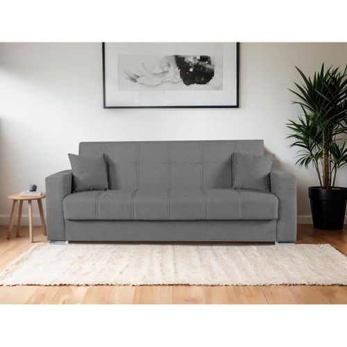 Canapé Convertible 3 Places Alba - Tissu Gris Foncé - 2 Coussins - Coffre De Rangement - 226x85x92cm