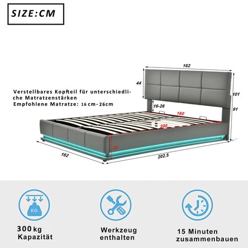 Lit Coffre Lit Double Hydraulique 160x200 Cm Avec LED Et Tête De Lit Réglable, Gris, Sans Matelas