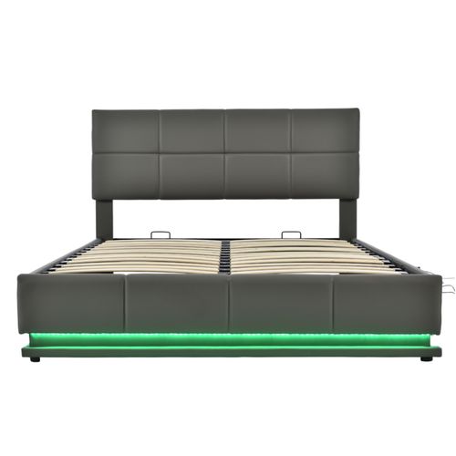 Lit Coffre Lit Double Hydraulique 160x200 Cm Avec LED Et Tête De Lit Réglable, Gris, Sans Matelas