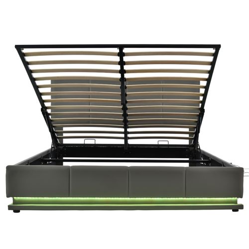 Lit Coffre Lit Double Hydraulique 160x200 Cm Avec LED Et Tête De Lit Réglable, Gris, Sans Matelas