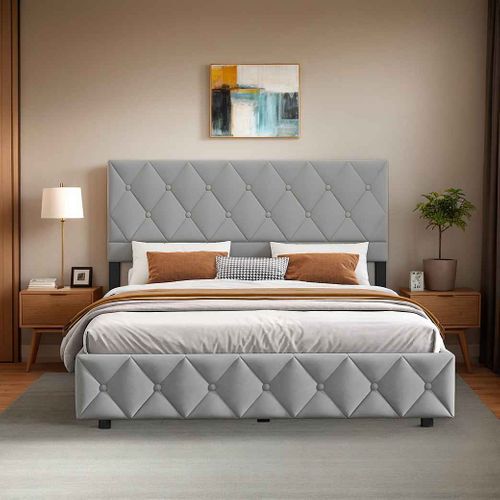 Lit Capitonné Lit Coffre 160x200 Cm Lit Double Avec Sommier à Lattes, Velours, Gris