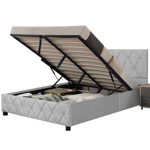 Lit Capitonné Lit Coffre 160x200 Cm Lit Double Avec Sommier à Lattes, Velours, Gris
