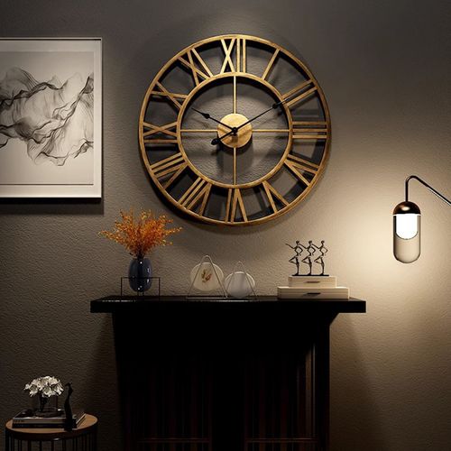 Horloge Murale 50 Cm Fer Noir Or Style Rétro Chiffres Romains Silencieuse