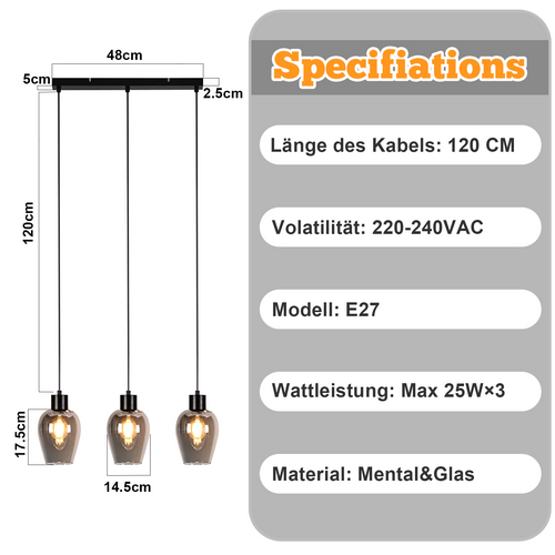 Suspension Salle à Manger 3 Flamme Noire E27 Suspension Vintage Pour Salon (sans Source Lumineuse)