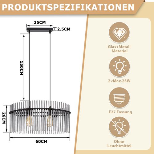 Lustre 2 Flammes E27 Verre Noir Pour Cuisine Salon (sans Ampoule)