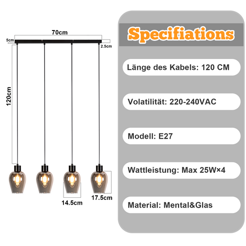 Suspension Salle à Manger 4 Flamme Noire E27 Suspension Vintage Pour Cuisine (sans Source Lumineuse)